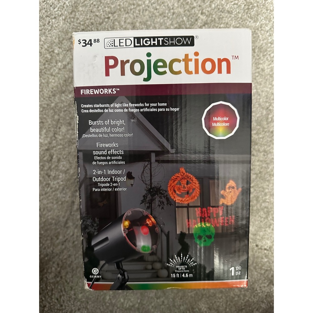 Gemmy LED Lightshow Projection Fireworks Halloween w/ Sound New In Box Tripod